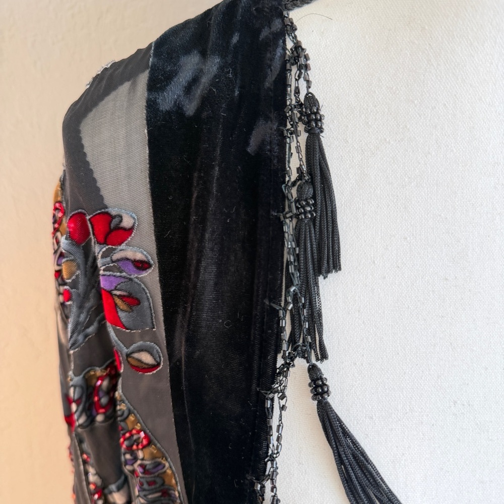 Vtg J.B.S. Silk Burnout Velvet Kimono Beaded Fringe Boho Whimsigoth - Picture 4 of 8